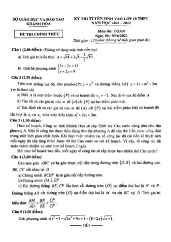 Kỳ thi tuyển sinh vào Lớp 10 THPT môn Toán - Năm học 2021-2022 - Sở giáo dục và đào tạo Khánh Hòa (Có đáp án)