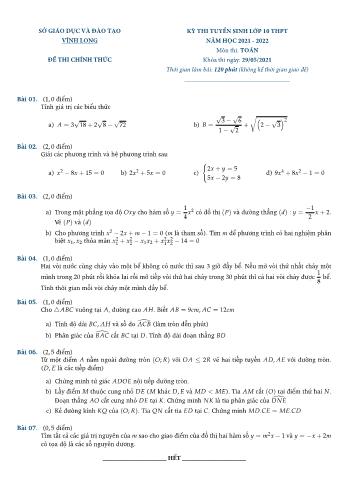 Kỳ thi tuyển sinh vào Lớp 10 THPT môn Toán - Năm học 2021-2022 - Sở giáo dục và đào tạo Vĩnh Long (Có đáp án)