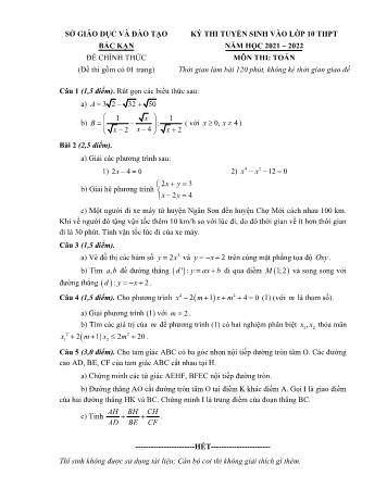 Kỳ thi tuyển sinh vào Lớp 10 THPT môn Toán - Năm học 2021-2022 - Sở giáo dục và đào tạo Bắc Kạn (Có đáp án)