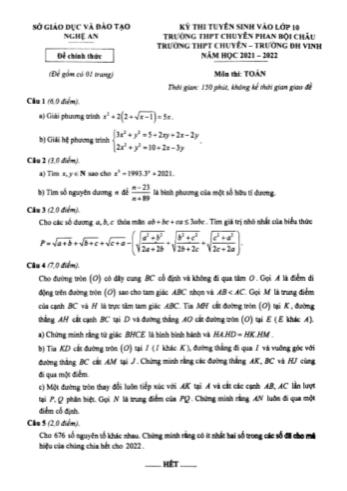 Kỳ thi tuyển sinh vào Lớp 10 THPT môn Toán - Năm học 2021-2022 - Trường THPT chuyên Phan Bội Châu (Có đáp án)