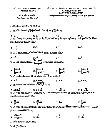 Kỳ thi tuyển sinh vào Lớp 10 THPT môn Toán - Năm học 2021-2022 - Sở giáo dục và đào tạo Hậu Giang (Có đáp án)