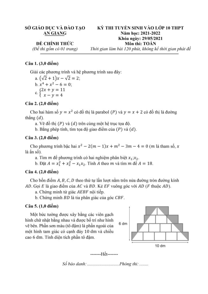 Kỳ thi tuyển sinh vào Lớp 10 THPT môn Toán - Năm học 2021-2022 - Sở giáo dục và đào tạo An Giang (Có đáp án)