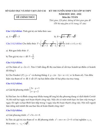 Kỳ thi tuyển sinh vào Lớp 10 THPT môn Toán - Năm học 2021-2022 - Sở giáo dục và đào tạo Lào Cai (Có đáp án)