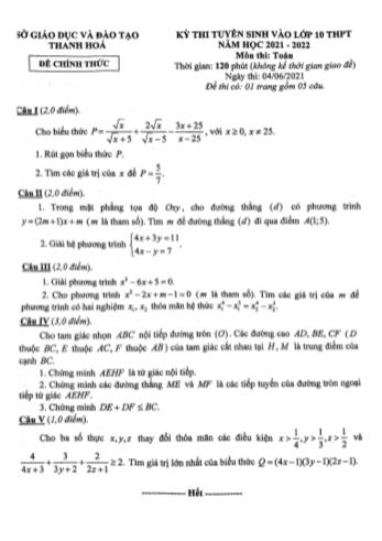 Kỳ thi tuyển sinh vào Lớp 10 THPT môn Toán - Năm học 2021-2022 - Sở giáo dục và đào tạo Thanh Hóa (Có đáp án)