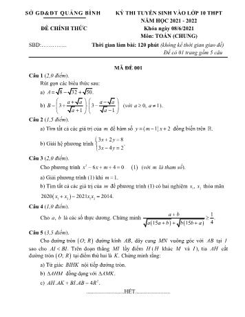 Kỳ thi tuyển sinh vào Lớp 10 THPT môn Toán - Năm học 2021-2022 - Sở giáo dục và đào tạo Quảng Bình (Có hướng dẫn chấm)