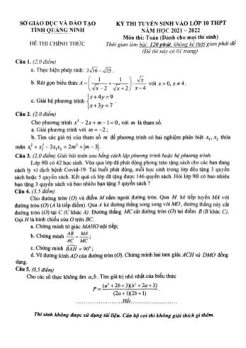 Kỳ thi tuyển sinh vào Lớp 10 THPT môn Toán - Năm học 2021-2022 - Sở giáo dục và đào tạo Quảng Ninh (Có đáp án)