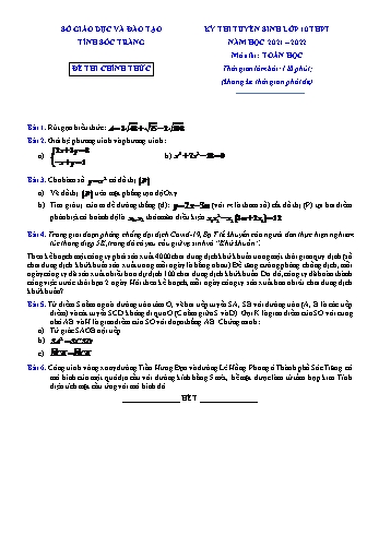 Kỳ thi tuyển sinh vào Lớp 10 THPT môn Toán - Năm học 2021-2022 - Sở giáo dục và đào tạo Sóc Trăng (Có đáp án)