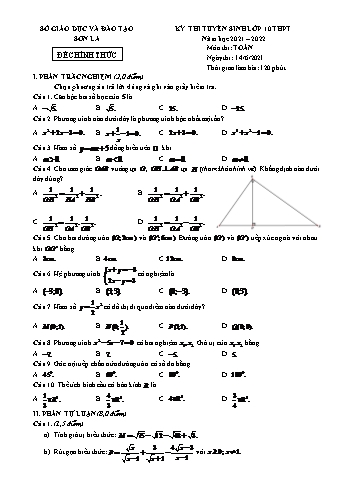 Kỳ thi tuyển sinh vào Lớp 10 THPT môn Toán - Năm học 2021-2022 - Sở giáo dục và đào tạo Sơn La (Có đáp án)