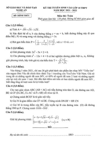 Kỳ thi tuyển sinh vào Lớp 10 THPT môn Toán - Năm học 2021-2022 - Sở giáo dục và đào tạo Nghệ An (Có đáp án)