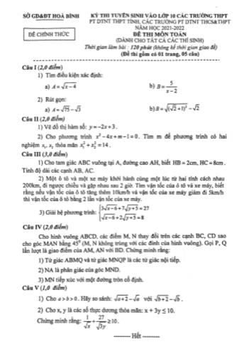 Kỳ thi tuyển sinh vào Lớp 10 THPT môn Toán - Năm học 2021-2022 - Sở giáo dục và đào tạo Hòa Bình (Có đáp án)