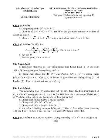 Kỳ thi tuyển sinh vào Lớp 10 THPT môn Toán - Năm học 2021-2022 - Sở giáo dục và đào tạo Đắk Lắk (Có đáp án)
