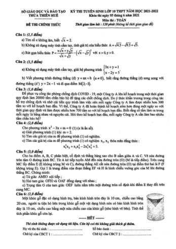 Kỳ thi tuyển sinh vào Lớp 10 THPT môn Toán - Năm học 2021-2022 - Sở giáo dục và đào tạo Thừa Thiên Huế (Có đáp án)
