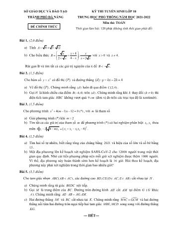 Kỳ thi tuyển sinh vào Lớp 10 THPT môn Toán - Năm học 2021-2022 - Sở giáo dục và đào tạo Đà Nẵng (Có đáp án)