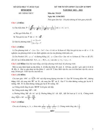 Kỳ thi tuyển sinh vào Lớp 10 THPT môn Toán - Năm học 2021-2022 - Sở giáo dục và đào tạo Bình Định (Có đáp án)