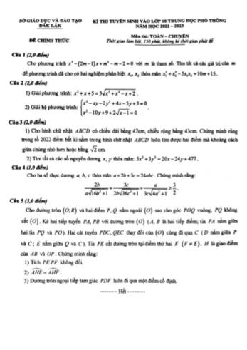 Kỳ thi tuyển sinh vào Lớp 10 THPT môn Toán - Năm học 2022-2023 - Sở giáo dục và đào tạo Đăk Lăk (Có đáp án)