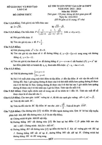 Kỳ thi tuyển sinh vào Lớp 10 THPT môn Toán - Năm học 2022-2023 - Sở giáo dục và đào tạo Lào Cai (Có đáp án)