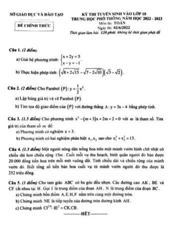 Kỳ thi tuyển sinh vào Lớp 10 THPT môn Toán - Năm học 2022-2023 - Sở giáo dục và đào tạo Bình Dương (Có đáp án)