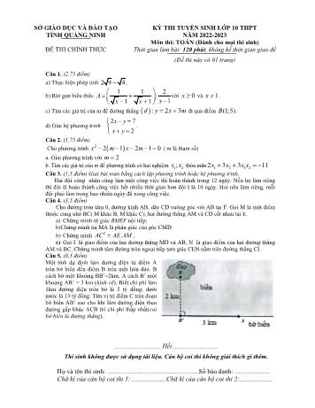 Kỳ thi tuyển sinh vào Lớp 10 THPT môn Toán - Năm học 2022-2023 - Sở giáo dục và đào tạo Quảng Ninh (Có hướng dẫn chấm)