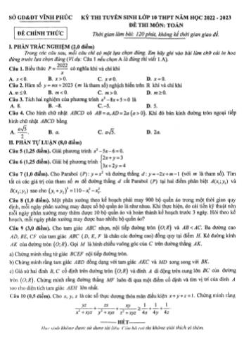 Kỳ thi tuyển sinh vào Lớp 10 THPT môn Toán - Năm học 2022-2023 - Sở giáo dục và đào tạo Vĩnh Phúc (Có đáp án)