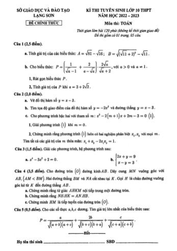 Kỳ thi tuyển sinh vào Lớp 10 THPT môn Toán - Năm học 2022-2023 - Sở giáo dục và đào tạo Lạng Sơn (Có đáp án)