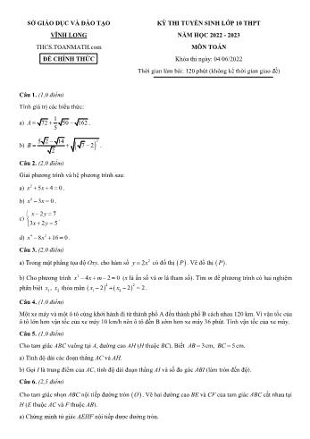 Kỳ thi tuyển sinh vào Lớp 10 THPT môn Toán - Năm học 2022-2023 - Sở giáo dục và đào tạo Vĩnh Long