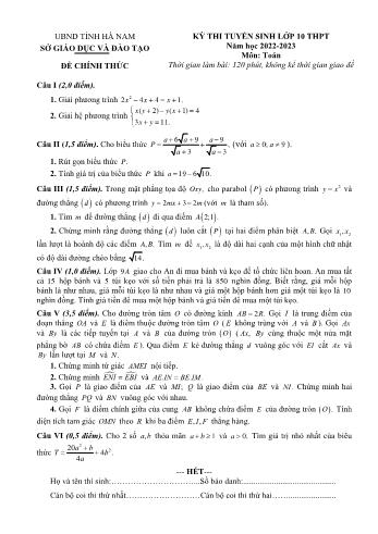 Kỳ thi tuyển sinh vào Lớp 10 THPT môn Toán - Năm học 2022-2023 - Sở giáo dục và đào tạo Hà Nam (Có hướng dẫn chấm)