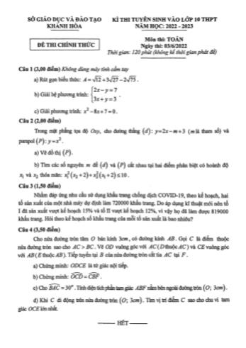 Kỳ thi tuyển sinh vào Lớp 10 THPT môn Toán - Năm học 2022-2023 - Sở giáo dục và đào tạo Khánh Hòa (Có đáp án)