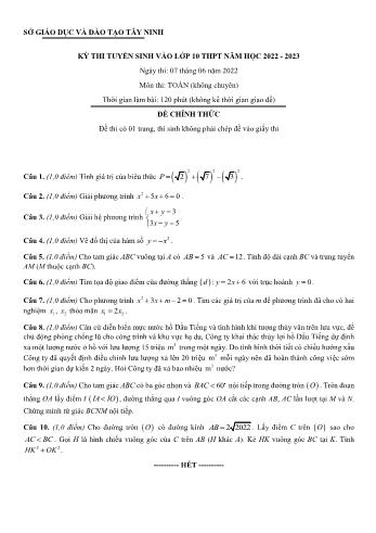 Kỳ thi tuyển sinh vào Lớp 10 THPT môn Toán - Năm học 2022-2023 - Sở giáo dục và đào tạo Tây Ninh (Có đáp án)