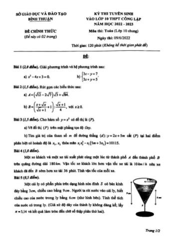 Kỳ thi tuyển sinh vào Lớp 10 THPT môn Toán - Năm học 2022-2023 - Sở giáo dục và đào tạo Bình Thuận (Có đáp án)