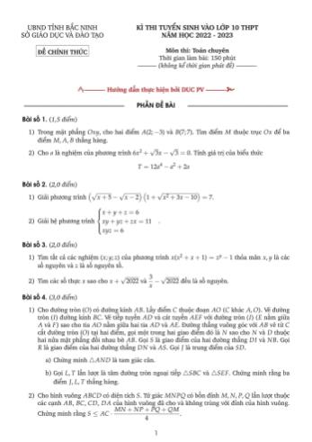 Kỳ thi tuyển sinh vào Lớp 10 THPT môn Toán - Năm học 2022-2023 - Sở giáo dục và đào tạo Bắc Ninh (Có Có đáp án)