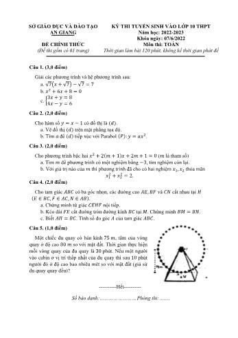 Kỳ thi tuyển sinh vào Lớp 10 THPT môn Toán - Năm học 2022-2023 - Sở giáo dục và đào tạo An Giang (Có đáp án)