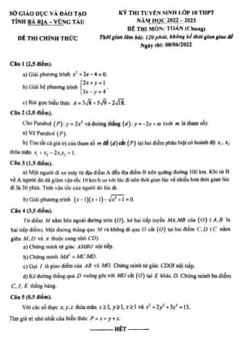 Kỳ thi tuyển sinh vào Lớp 10 THPT môn Toán - Năm học 2022-2023 - Sở giáo dục và đào tạo Bà Rịa - Vũng Tàu
