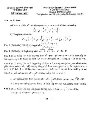 Kỳ thi tuyển sinh vào Lớp 10 THPT môn Toán - Năm học 2022-2023 - Sở giáo dục và đào tạo Phú Yên