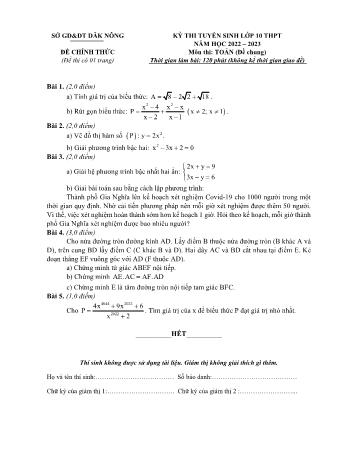 Kỳ thi tuyển sinh vào Lớp 10 THPT môn Toán - Năm học 2022-2023 - Sở giáo dục và đào tạo Đăk Nông (Có đáp án)