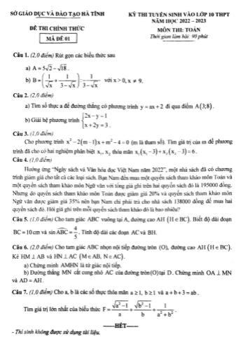 Kỳ thi tuyển sinh vào Lớp 10 THPT môn Toán - Năm học 2022-2023 - Sở giáo dục và đào tạo Hà Tĩnh (Có đáp án)