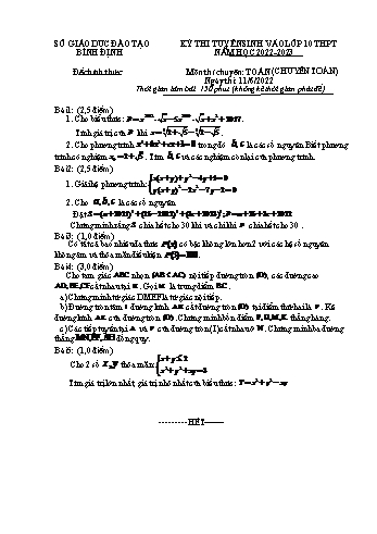 Kỳ thi tuyển sinh vào Lớp 10 THPT môn Toán - Năm học 2022-2023 - Sở giáo dục và đào tạo Bình Định (Có đáp án)