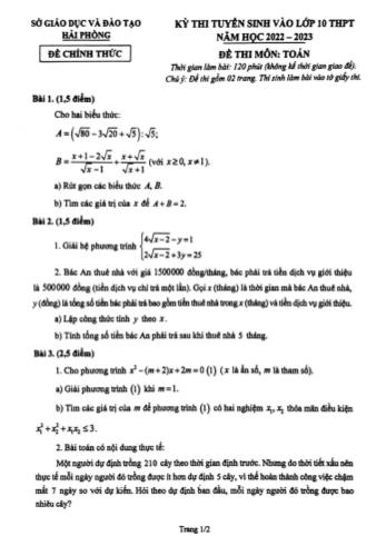 Kỳ thi tuyển sinh vào Lớp 10 THPT môn Toán - Năm học 2022-2023 - Sở giáo dục và đào tạo Hải Phòng (Có đáp án)