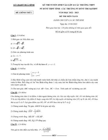 Kỳ thi tuyển sinh vào Lớp 10 THPT PT DTNT môn Toán - Năm học 2022-2023 - Sở giáo dục và đào tạo Hòa Bình