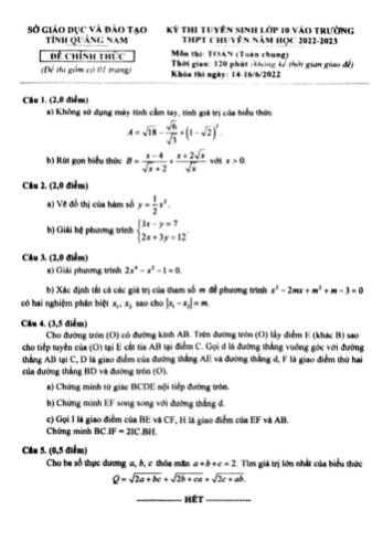 Kỳ thi tuyển sinh vào Lớp 10 trường THPT chuyên môn Toán - Năm học 2022-2023 - Sở giáo dục và đào tạo Quảng Nam (Có Có đáp án)