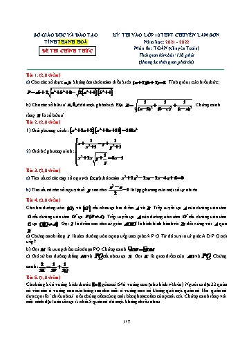 Kỳ thi vào Lớp 10 THPT chuyên Lam Sơn môn Toán - Năm học 2021-2022 - Sở giáo dục và đào tạo Thanh Hóa (Có đáp án)