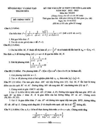 Kỳ thi vào Lớp 10 THPT chuyên Lam Sơn môn Toán - Năm học 2022-2023 - Sở giáo dục và đào tạo Thanh Hóa