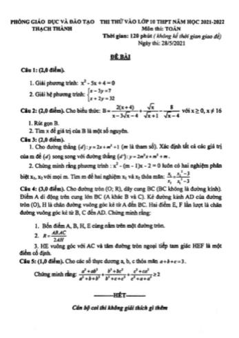 Thi thử vào Lớp 10 THPT môn Toán - Năm học 2021-2022 - Phòng giáo dục và đào tạo Thạch Thành