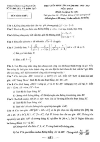Thi tuyển sinh Lớp 10 môn Toán - Năm học 2022-2023 - Sở giáo dục và đào tạo Thái Nguyên