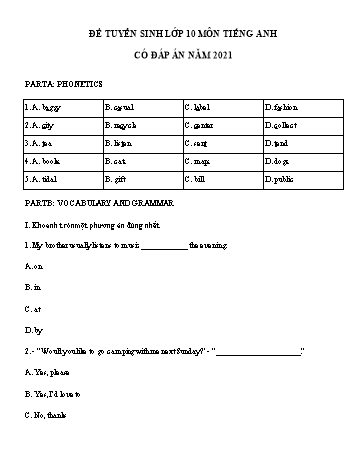 Đề ôn thi tuyển sinh Lớp 10 môn Tiếng Anh - Năm học 2021-2022 (Có đáp án)