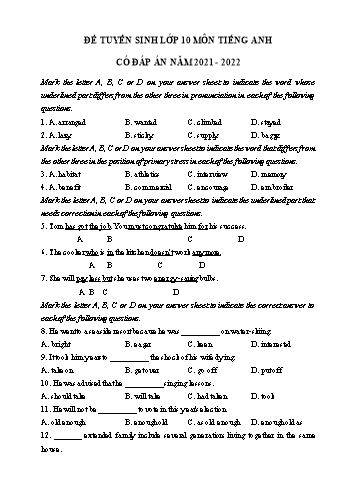 Đề thi thử tuyển sinh Lớp 10 môn Tiếng Anh - Đề 02 - Năm học 2021-2022 (Có đáp án)