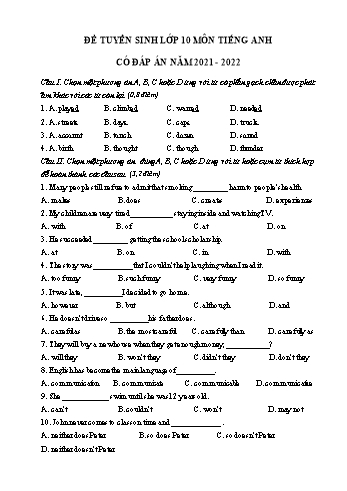 Đề thi thử tuyển sinh Lớp 10 môn Tiếng Anh - Đề 03 - Năm học 2021-2022 (Có đáp án)