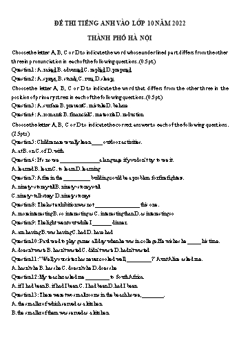 Đề thi thử tuyển sinh Lớp 10 môn Tiếng Anh - Đề 2 - Năm học 2022-2023 - Sở GD&ĐT Hà Nội
