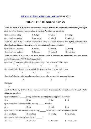 Đề thi thử tuyển sinh Lớp 10 môn Tiếng Anh - Đề 3 - Năm học 2022-2023 - Sở GD&ĐT Hà Nội (Có đáp án)