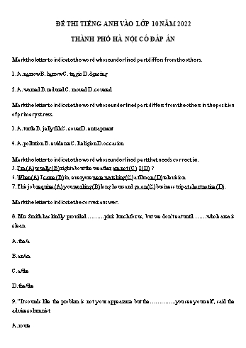Đề thi thử tuyển sinh Lớp 10 môn Tiếng Anh - Đề 4 - Năm học 2022-2023 - Sở GD&ĐT Hà Nội (Có đáp án)
