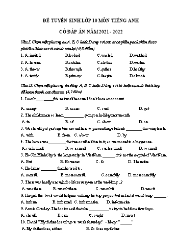 Đề thi thử tuyển sinh Lớp 10 môn Tiếng Anh - Đề số 4 - Năm học 2021-2022 (Có đáp án)
